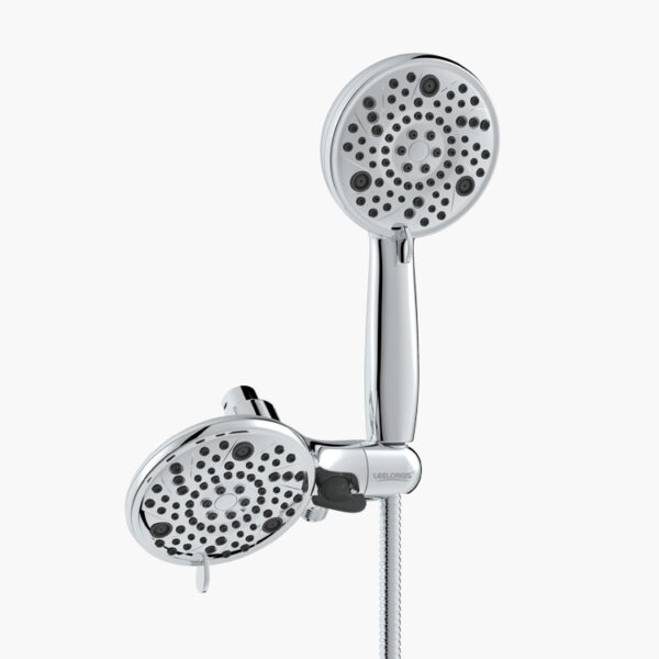 A chrome dual showerhead with two spray heads and an adjustable handheld component.