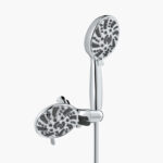 A chrome-finished tandem shower kit with two adjustable sprays on a common holder.