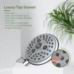 Luxury showerhead with Outer Rain, Rain+Oxygen Spray, Oxygen Massage settings. Inset shows close-up of finger pressing a button.