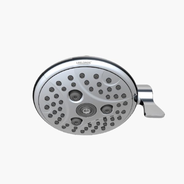 A contemporary circular chrome showerhead with multiple nozzles, spray options, and a side lever for water flow adjustment.