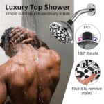 A person showers under a luxury top showerhead with 180° rotation and a flick mechanism for stain removal, shown in an image with text.