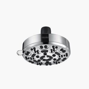 A metallic shower head with multiple nozzles is shown on a plain white background.