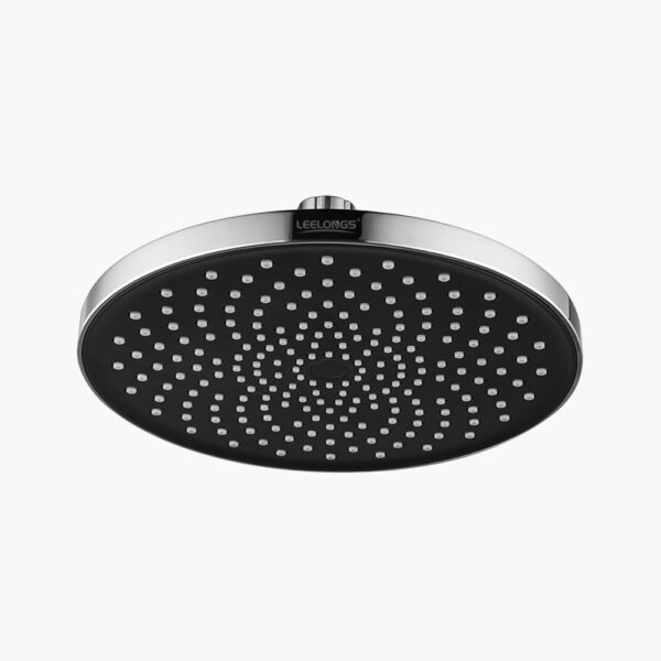 A round black showerhead with evenly spaced nozzles and a silver rim, seen from below.