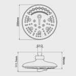 Disegno tecnico di un soffione circolare: diametro 200 mm, altezza 111,7 mm, attacco G1/2 e profondità totale 96 mm.