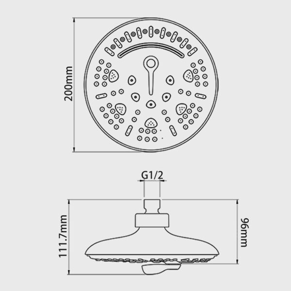 円形シャワーヘッドの技術図面: 直径 200 mm、高さ 111.7 mm、G1/2 接続、総深さ 96 mm。