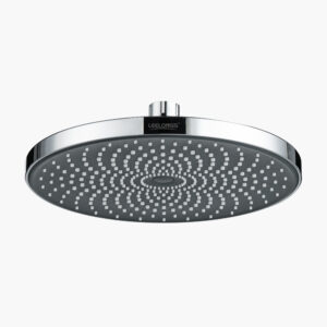 Round chrome showerhead with numerous nozzles, centrally attached, set against a plain white background.