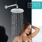 A woman under a modern overhead shower with running water, next to the text "Overhead Shower.