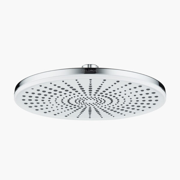 A round, chrome showerhead with multiple small nozzles is set against a plain white background.