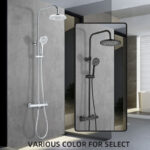 Image of dual shower system on gray tiled wall in chrome and matte black. Text: "VARIOUS COLOR FOR SELECT.