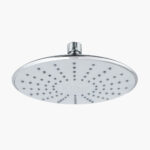 A circular showerhead with multiple nozzles on a short metallic pipe.