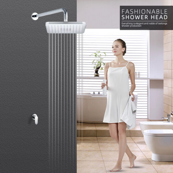 A woman in a white dress stands by a running shower with a square showerhead. The text reads "Fashionable Shower Head.