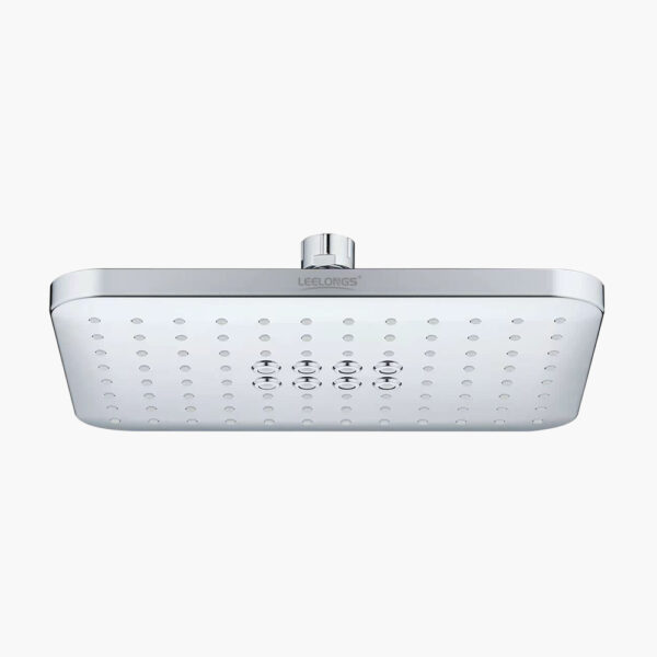 Close-up of a rectangular chrome showerhead with multiple nozzles against a plain white background.