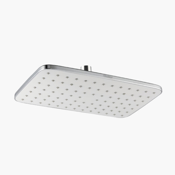 A square, chrome overhead shower head with many small water nozzles.