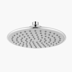 Round silver shower head with multiple nozzles, attached to a short pipe against a plain white background.