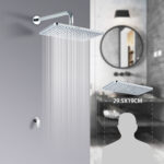 Modern bathroom with a wall-mounted rainfall shower head (29.5x19cm) projecting water onto a human silhouette, plus mirror and shelf.