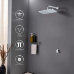 Shower area with large overhead shower, towel rack, two bottles. Icons: large surface, easy clean/install, 1/2” thread.