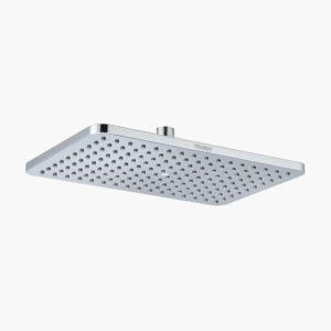 A rectangular silver showerhead with multiple small holes, mounted on a short pipe.