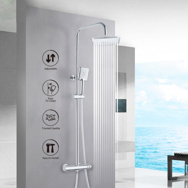 A modern shower with a rectangular overhead, handheld shower, and simple control knobs. Icons: adjustable, easy to clean and install.