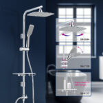 Modern shower set in a blue bathroom with rain shower head, handheld hose, and adjustable features (SH-3644, SH-1119, SH-4117).