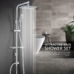 Modern bathroom with wall-mounted rain shower set, handheld showerhead, and white bathtub. Text: "Attractive Rain Shower Set.