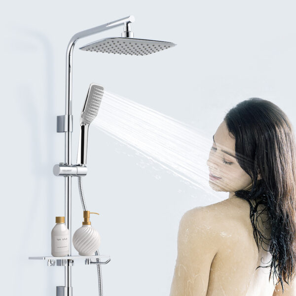 Person under a shower with a handheld showerhead spraying water on their back. Two bottles sit on a shelf attached to the shower system.