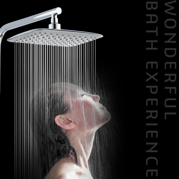 A person under a modern showerhead with water flowing. Text reads "Wonderful Bath Experience.