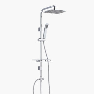 A sleek chrome shower fixture with an overhead rain and detachable handheld showerhead.