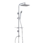 Modern chrome shower system with rainfall showerhead, handheld showerhead, and adjustable hose.