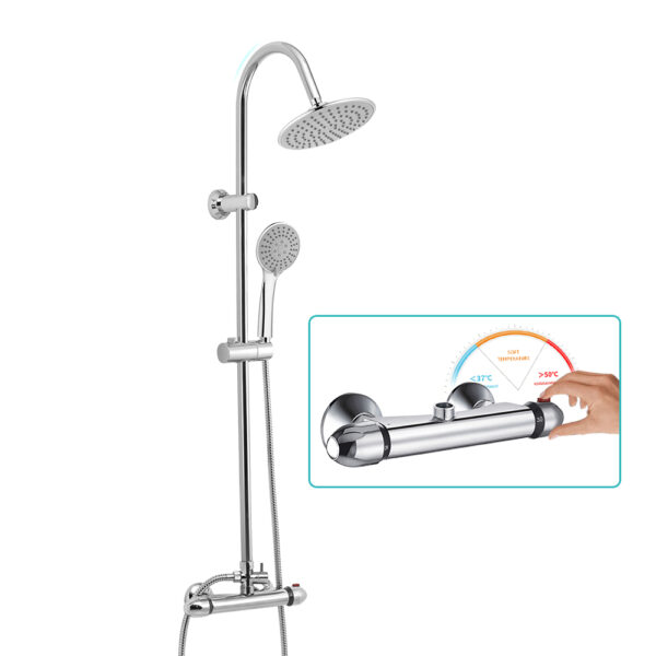 Sleek shower system with overhead and handheld heads, plus an inset image of a thermostatic valve for temperature control.