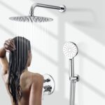 Person showering with an overhead rain showerhead and a wall-mounted handheld showerhead.