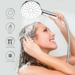 A person enjoys a handheld shower with 3 functions, easy buttons, and a G1/2" thread.