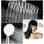 Collage of a person using a rain showerhead and handheld showerhead.