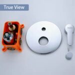 Shower valve and trim kit with round plate, orange valve, lever handle, and fittings. "True View" label in top left corner.