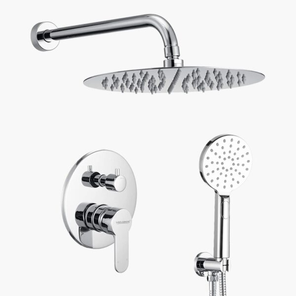 A modern chrome shower set with a wall-mounted rain showerhead, handheld shower, and control knobs.