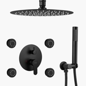 A sleek black shower system with a round rainfall head, four body jets, a handheld wand, and single lever control on a white background.