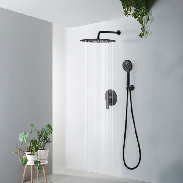 Une douche minimaliste avec une pomme de douche noire, un accessoire portatif et quelques plantes en pot à proximité.