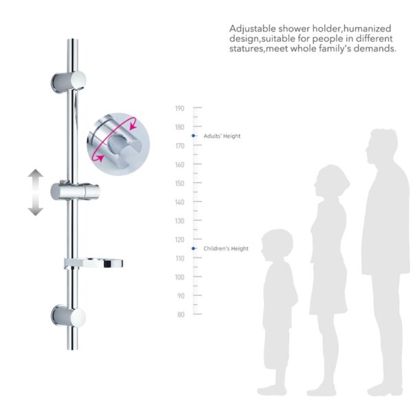 Diagrama de un soporte de ducha ajustable con marcadores de altura para adultos y niños, que muestra varias posiciones del cabezal de ducha.