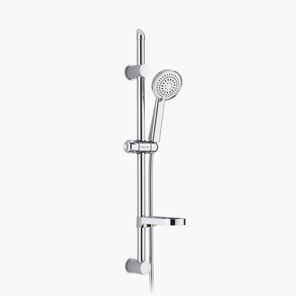 Chrome handheld showerhead with adjustable rail and soap dish.