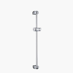 Silver wall-mounted adjustable shower slide bar.