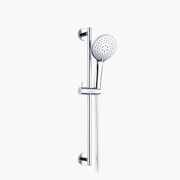 A chrome handheld showerhead on an adjustable vertical slide bar with a flexible hose.