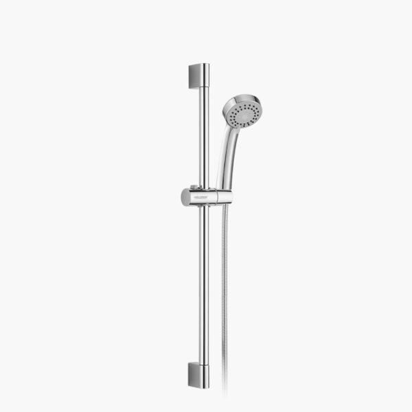 A silver handheld shower head with adjustable mount and hose on a plain white background.