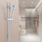 Image of a sleek, wall-mounted hand shower in a modern bathroom with a spacious shower area. Text: "Multi-Functional Hand Shower.