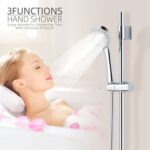 Woman in bathtub using handheld showerhead. Text: "3-Function Hand Shower - Enjoy with Leelong