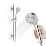 Person with handheld showerhead spraying water next to a mounted showerhead on an adjustable bar.