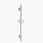 A metallic vertical shower slide bar with two adjustable brackets and a central handle against a white background.