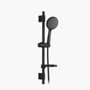 Black handheld showerhead on an adjustable vertical rail with a flexible hose attached.