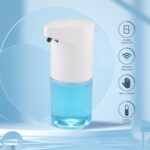 White automatic soap dispenser with visible blue liquid, 250ml capacity, infrared induction, and non-contact usage.