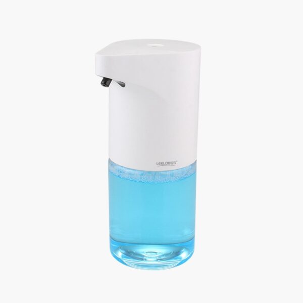 A white automatic soap dispenser with blue liquid soap against a plain white background.