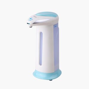 Automatic white and blue soap dispenser with a clear section to monitor levels.