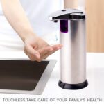 A person uses a touchless soap dispenser in a kitchen. "TOUCHLESS, PROTECT YOUR FAMILY